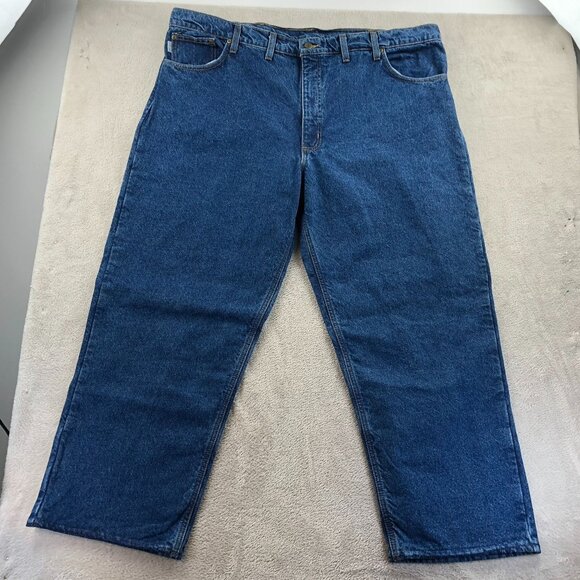 Carhartt Mens Work Jeans Size 46x30 Relaxed Fit Blue Denim B21DST Straight Leg - Picture 14 of 15